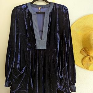 Free People blue velvet v-neck bohemian mini dress size S